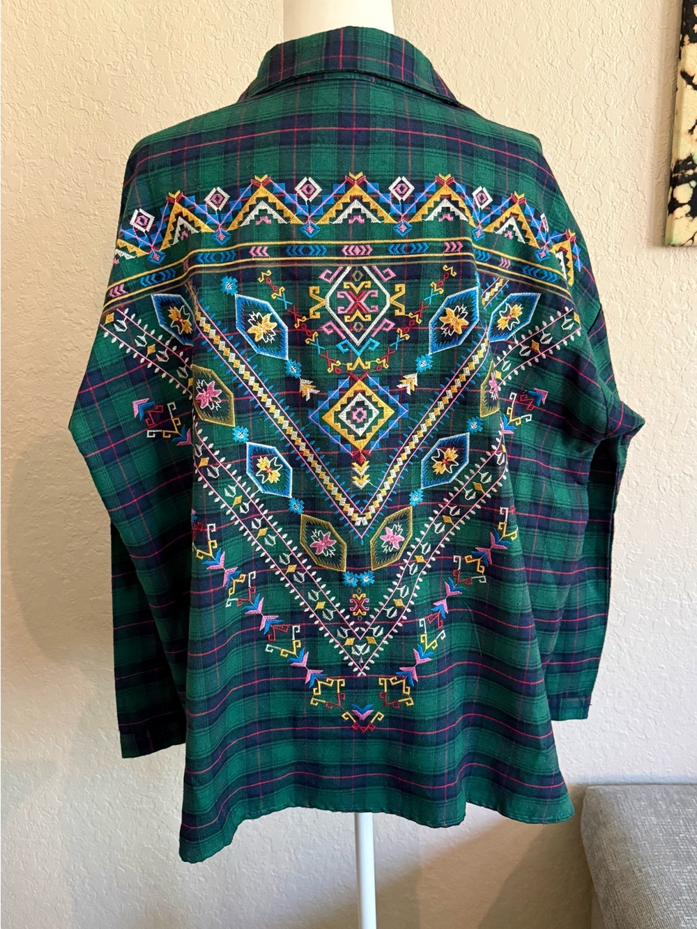 UMGEE Green Plaid Flannel Button Down Shirt Boho Embroidered Back Large L - Picture 2 of 9